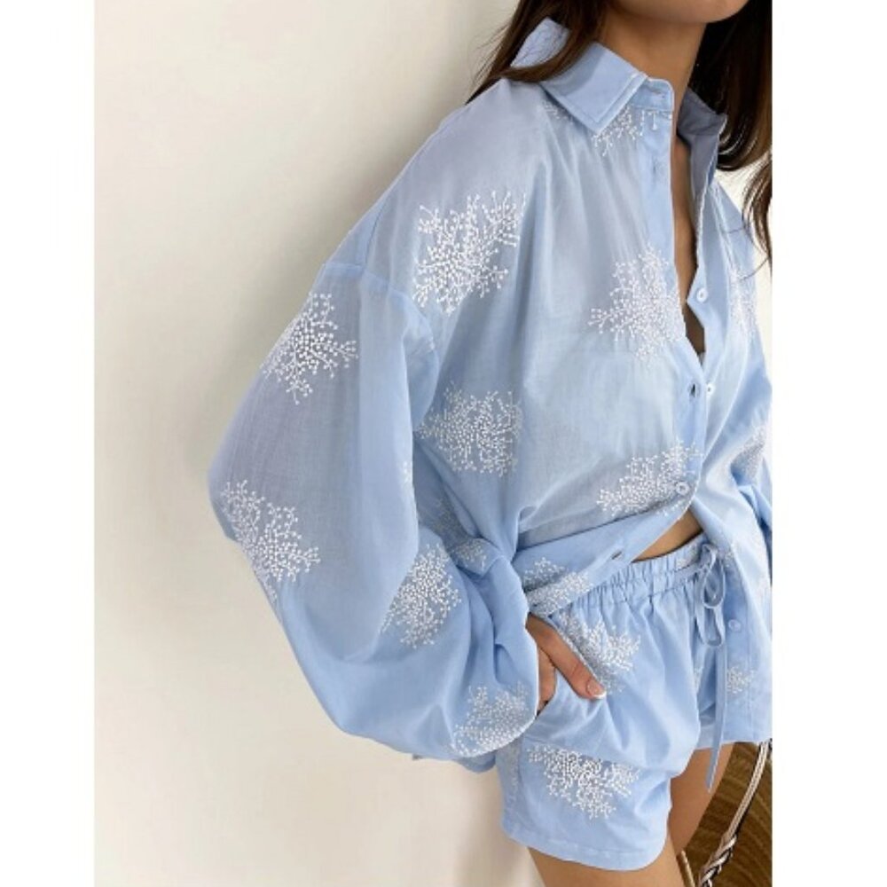 Commense Semi-Sheer Plant Embroidery Casual Shorts Set NWT, Size M - Picture 4 of 17
